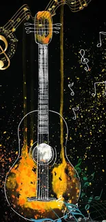 Creative musical guitar wallpaper with vibrant orange and musical notes.