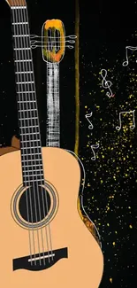 Artistic guitar wallpaper with musical notes.