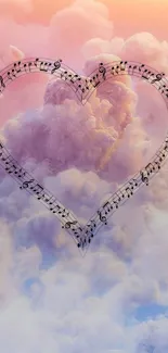 Heart of musical notes in pastel clouds.