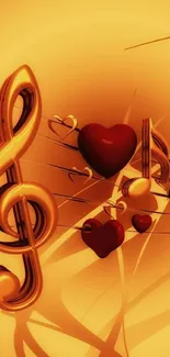 Musical notes with heart shapes on a golden background wallpaper.