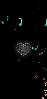 Colorful musical notes with glowing heart on black background.