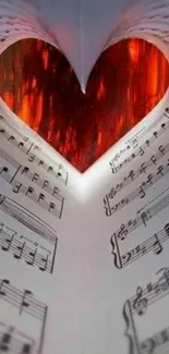 Heart-shaped music notes with warm red glow.