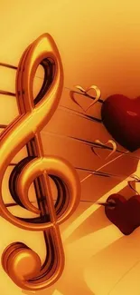 Golden treble clef with red hearts design wallpaper.