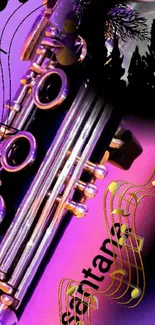 Fantasy clarinet with musical notes and colorful background.