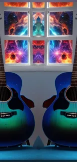 Colorful guitar with galaxy theme and cosmic window view.