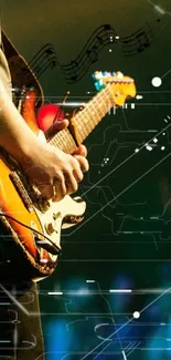 Guitarist in action amidst digital notes and glowing effects.