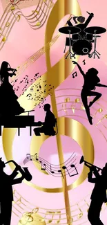 Music-themed wallpaper with golden notes and musician silhouettes.