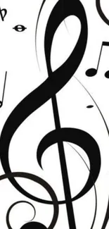 Elegant black and white music-themed wallpaper with treble clef and notes.