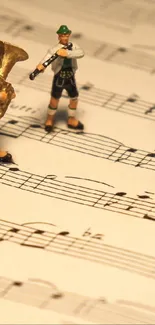 Miniature musicians play on sepia-toned sheet music, creating a whimsical art scene.