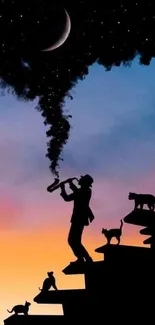 Silhouette of musician and cats under a colorful night sky with scattered stars.