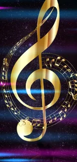 Golden musical note on starry galaxy background wallpaper.