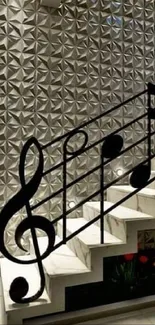 Modern staircase with musical notes and 3D patterned wall.