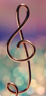 Treble clef on colorful bokeh background in vibrant hues.