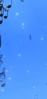 Blue wallpaper with floating musical notes and a starry background.