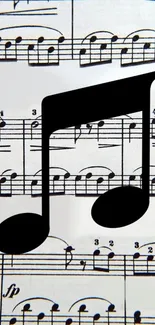 Black musical note on sheet music background.