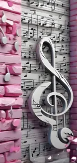 3D wallpaper with musical notes and pink brick design.