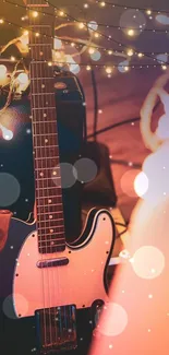 Guitar and fairy lights creative wallpaper for mobile.