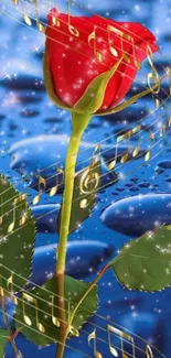 Red rose with musical notes on blue background.