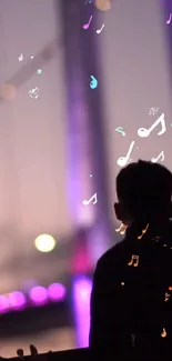 Silhouette of person with musical notes and city lights.