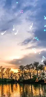 Sunset over lake with musical notes in the sky.