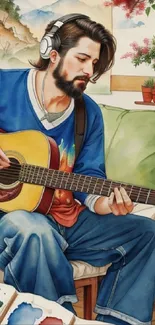 Man playing guitar with headphones in artistic room.