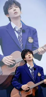 Musician in a blue suit playing guitar, creating a stylish mobile wallpaper.