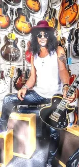 Musician surrounded by a collection of guitars.