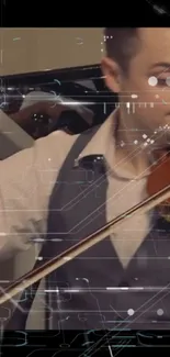 A violinist performing with a digital overlay.