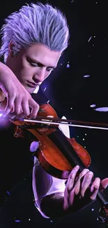 White-haired musician playing violin with floating petals.