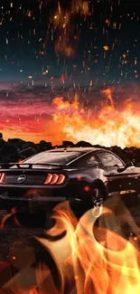 Sleek Mustang car with fiery background at night.