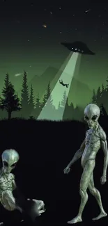 Dark, mysterious alien and spaceship wallpaper with forest background.