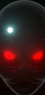 Alien face with glowing red eyes on black background.