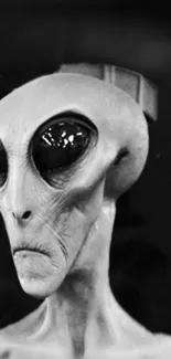 Mysterious monochrome alien figure with large eyes on a black background.