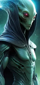 Mysterious alien figure with hood in a cosmic setting, glowing teal and dark hues.