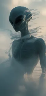Ethereal alien figure surrounded by mist.