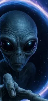 Alien reaching through a glowing portal in space.