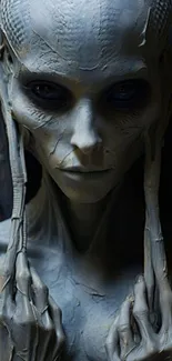 Mysterious alien portrait in slate gray hues with intricate details.