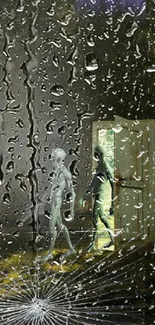 Alien-themed wallpaper with raindrops and an open door showcasing a mysterious scene.