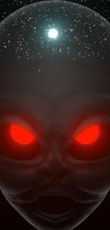 Alien face with glowing red eyes in space-themed wallpaper.