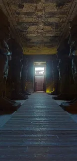 Ancient corridor with statues and a glowing doorway.