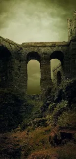 Ancient ruins with arches and a dramatic sky create a mysterious atmosphere.