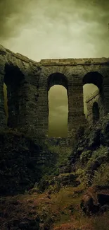 Ancient stone ruins amid lush greenery under a dark olive sky.