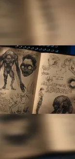 Mysterious sketchbook with eerie creature drawings on an ancient-looking page.