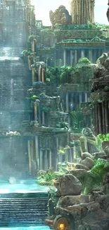 Ancient mystical temple with waterfall and greenery, fantasy wallpaper.