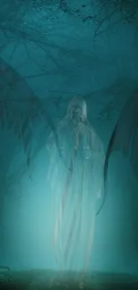 Ghostly angel with wings in a dark, misty forest evoking mystery and intrigue.