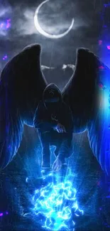 Mysterious hooded angel figure with wings and blue lightning under a crescent moon.