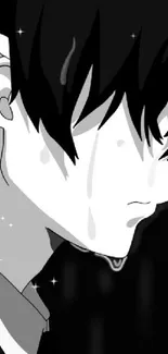 Black and white anime art featuring a mysterious character in deep thought.