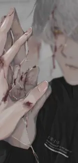 Anime hand through shattered glass with a mysterious theme.