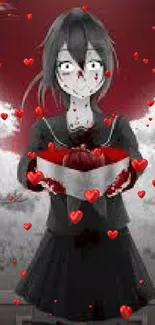 Haunting anime wallpaper with a mysterious character holding a red heart.