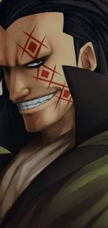 Anime character with unique facial markings, dark hair, and a sharp grin.